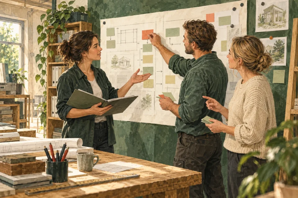 Illustration: Drei Teammitglieder stimmen Aufgaben und eine Projektübergabe an einer Planungswand ab